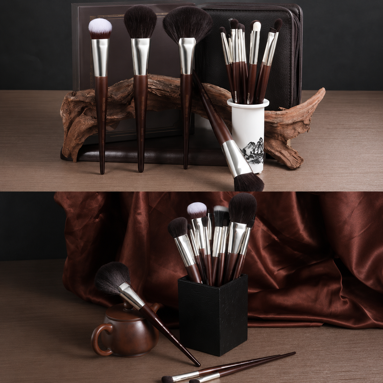 16 Piece Ebony Wood Professional Makeup Brush Set for Face, Eyes, Lips and Brows