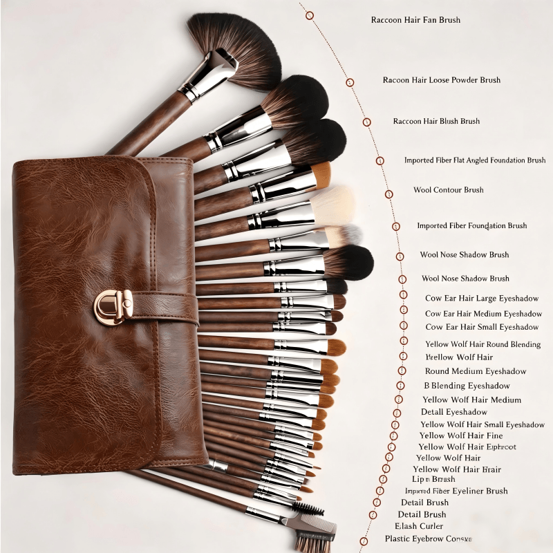 28 Piece Professional Makeup Brush Set with Leather Case for Face, Eyes, Lips and Brows