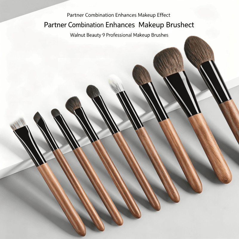 9 Piece Wooden Handle Makeup Brush Set with Makeup Bag for Face, Eyes and Brows