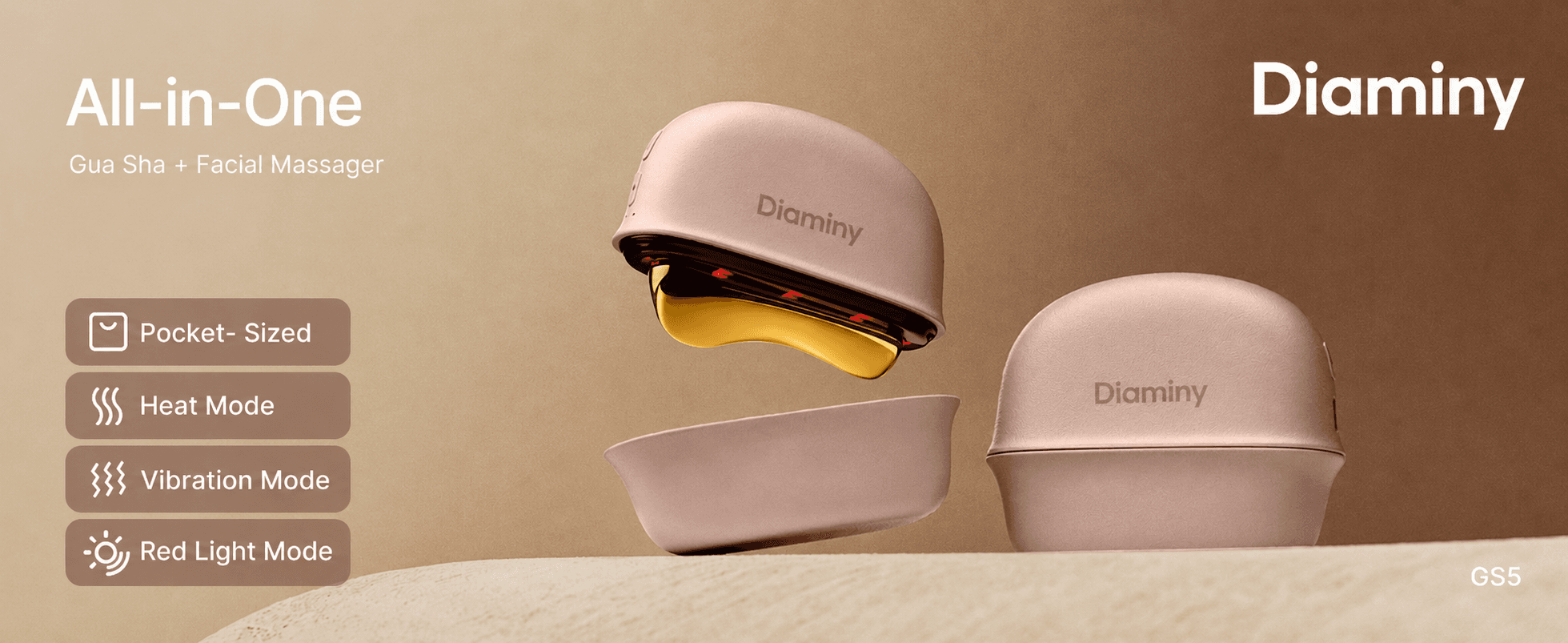 Diaminy GS5 electric gua sha heat, vibration, red light, and pocket-sized features